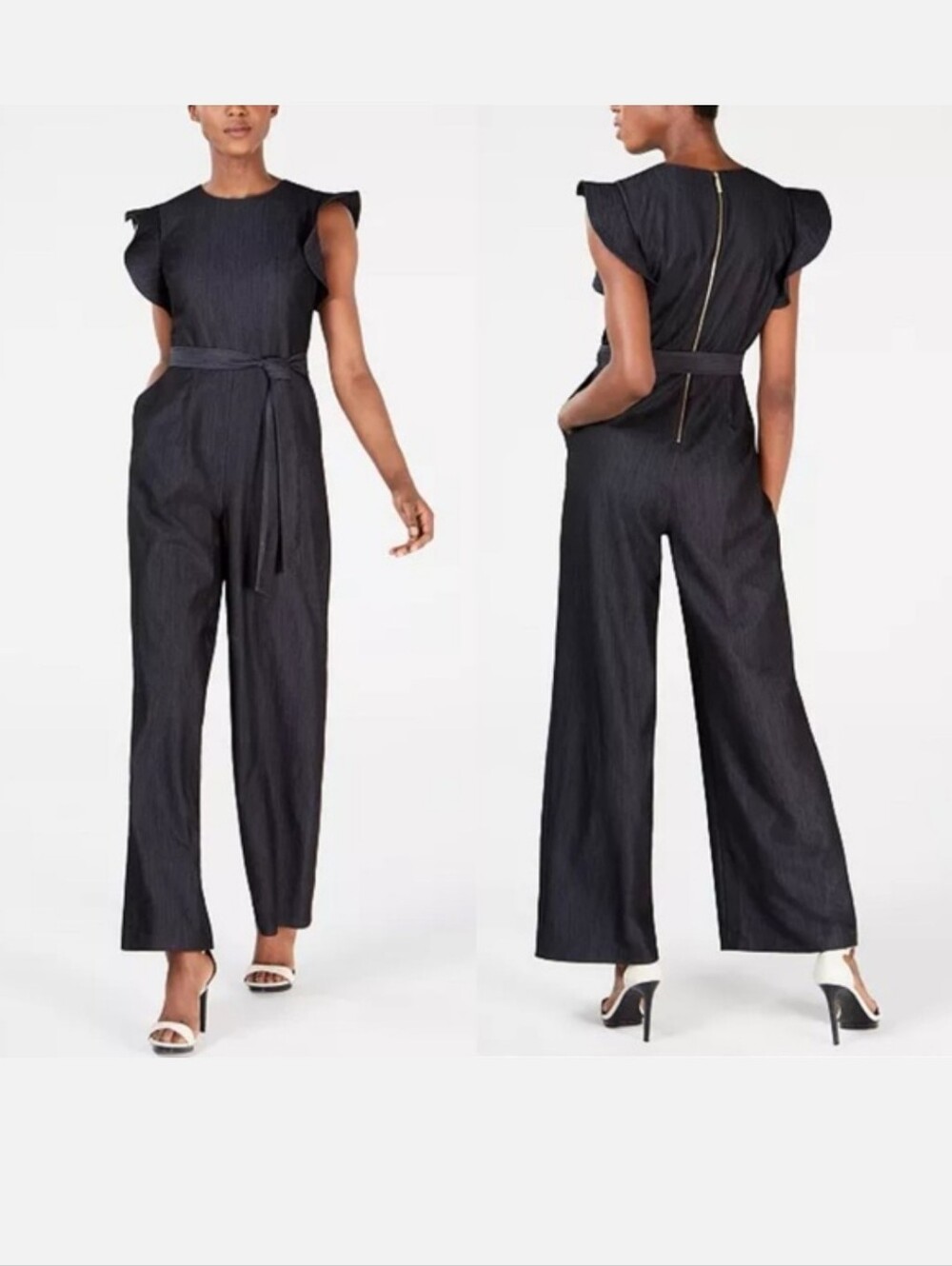 Navy Denim Flutter-Sleeve Wide-Leg Jumpsuit